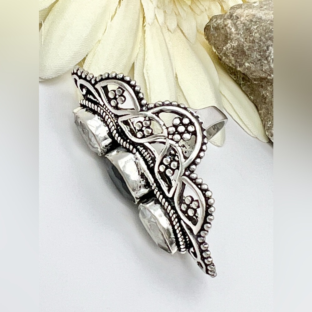 BLACK ONYX/WHITE TOPAZ RING - Picture 3 of 11